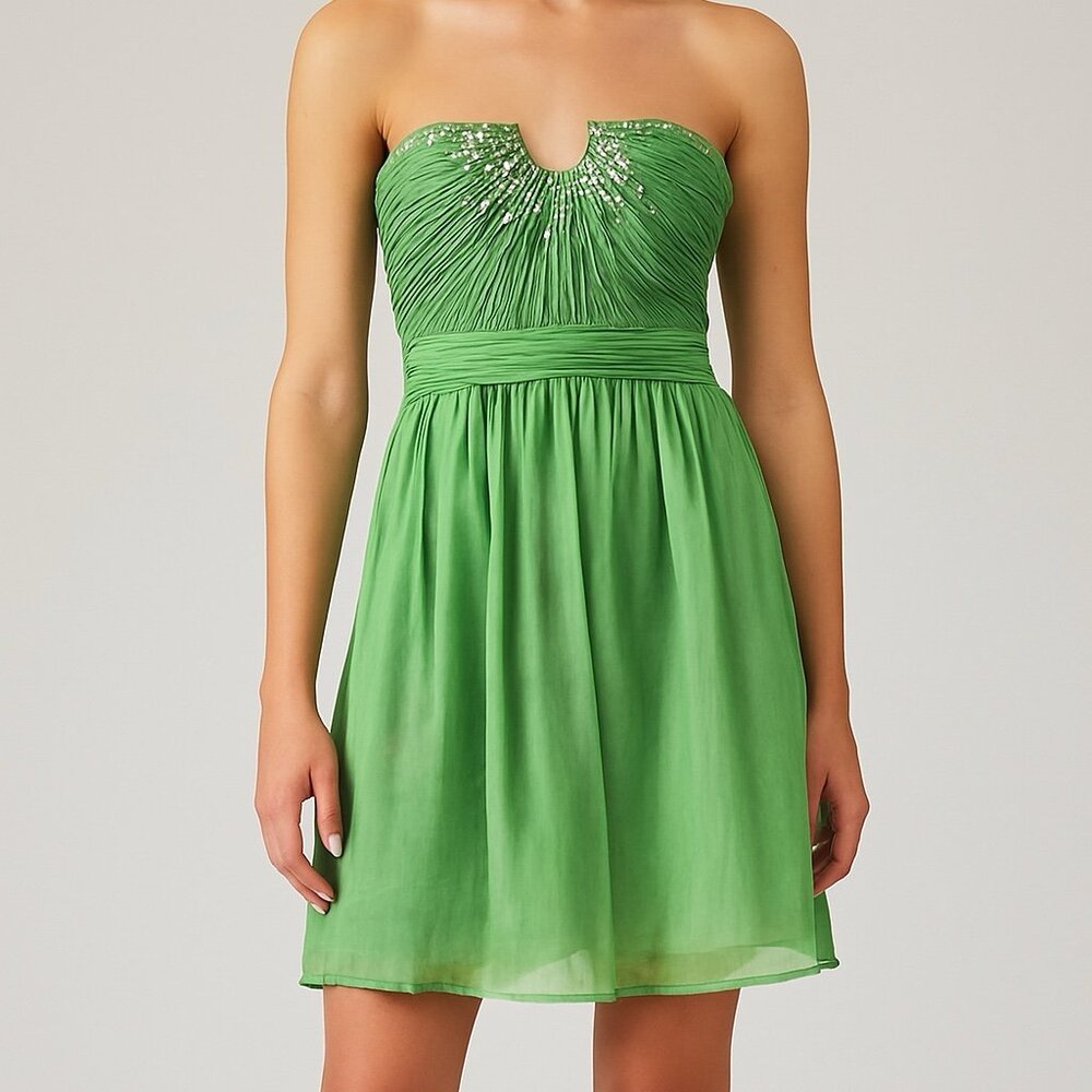Halston Heritage Strapless Pleated Chiffon Dress Green Meadow | Size 8 | Sequin